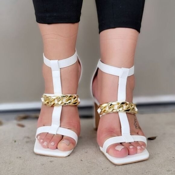 Women's White Gold Chain Chunky Heels - Picture 2 of 4